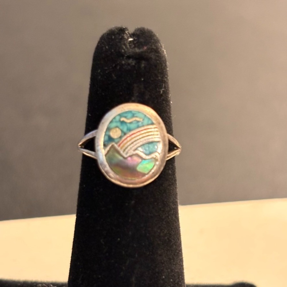 Vintage Sterling Silver Southwestern Pictoral Turqoise Abalone Rainbow Ring sz 4